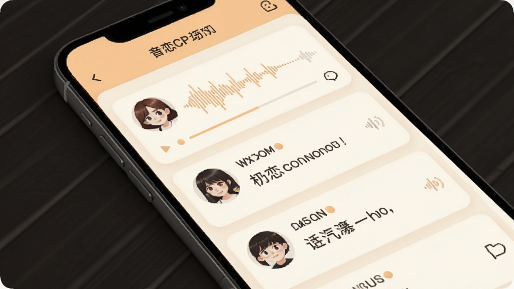 音恋CP动态广场界面,手机屏幕显示语音动态卡片列表,卡片内包含用户头像、语音波形与文字短句,画面布局为竖向滚动信息流,风格温暖柔和,配色以米白与浅橙为主,细节清晰,画质干净高清,无杂乱元素