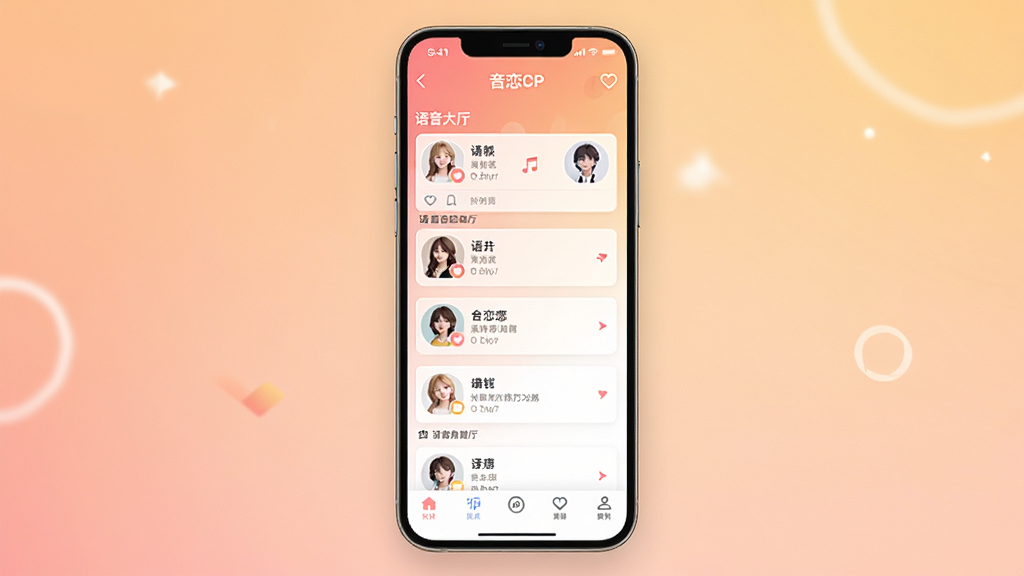 音恋CP软件主界面展示,手机屏幕中呈现语音匹配大厅与用户头像卡片布局,背景为柔和渐变暖色调,画面主体为一部竖屏智能手机,屏幕内显示“音恋CP”应用界面,包含语音房间列表与底部导航栏,整体风格清新简约,细节清晰,画质干净高清,无多余元素