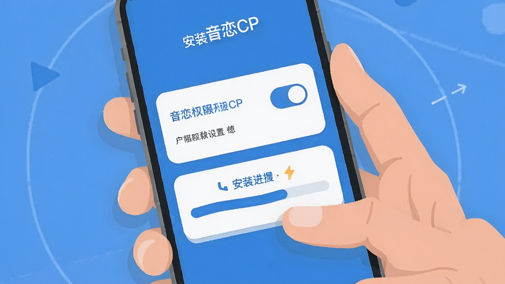 音恋CP安装设置示意图,画面展示手机屏幕中权限开关界面与安装进度条,主体为手持手机操作特写,布局简洁,风格扁平化设计,配色以蓝白为主,细节清晰,画质干净高清,无多余装饰