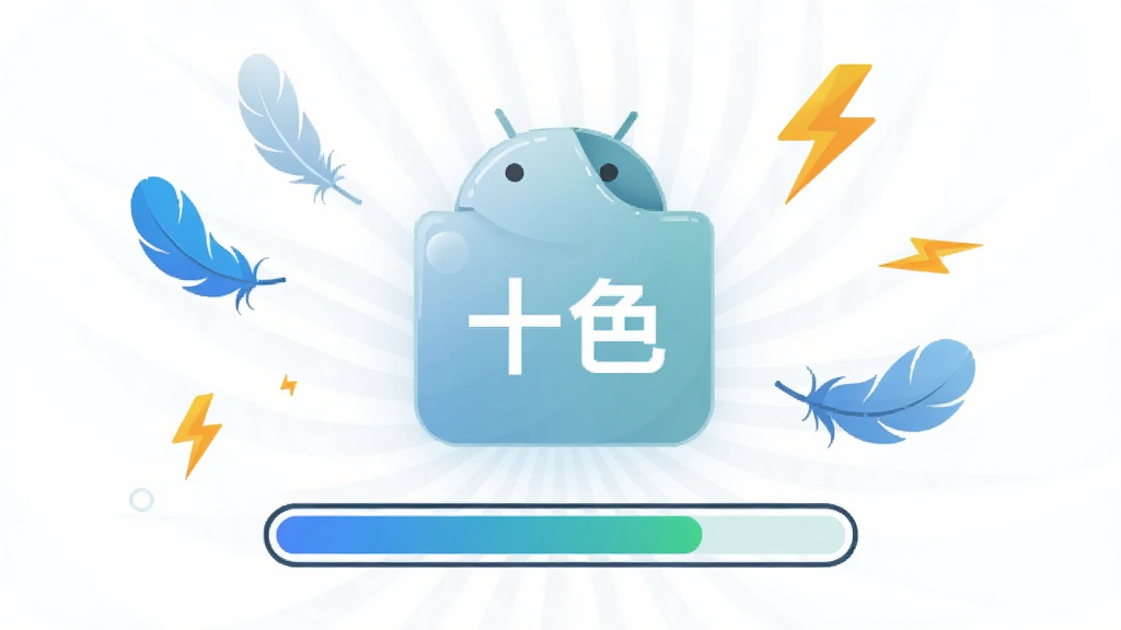 画面主体为一个悬浮的安卓应用安装包图标,图标旁标注“十色”字样,图标下方有一条进度条即将走满,周围环绕轻量化的羽毛与闪电符号象征轻快,构图采用中心放射式布局,风格为科技感扁平插画,细节上安装包表面有细微高光,画质清晰,画面干净,无多余元素
