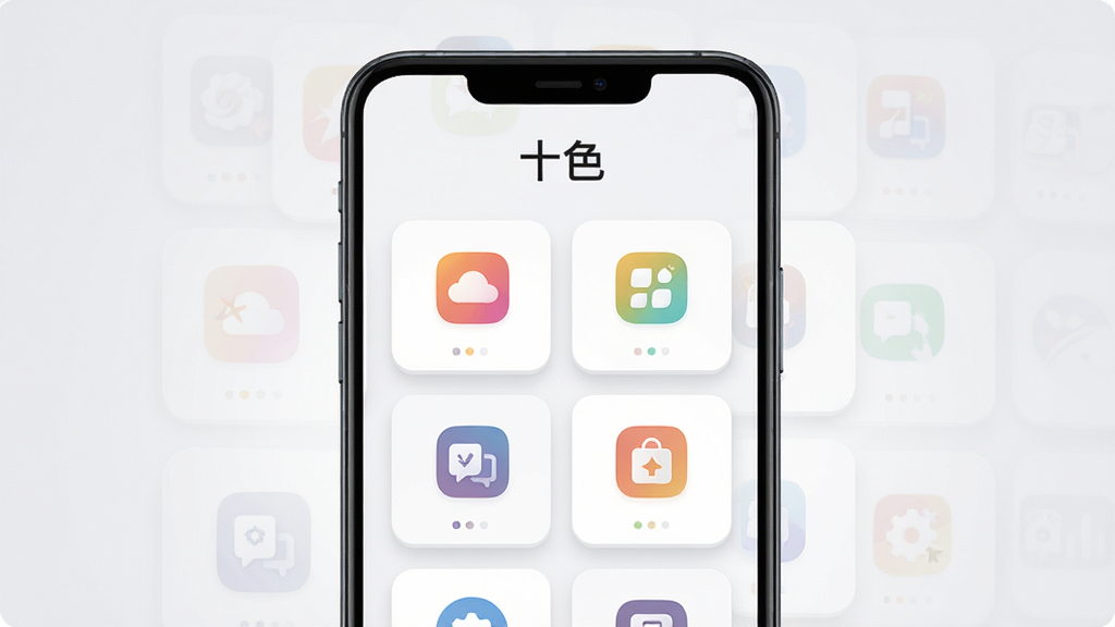 画面主体为一部竖屏安卓手机,手机屏幕中央显示“十色”软件主界面,界面采用浅色卡片式布局,顶部有软件名称“十色”文字标识,中部排列多个功能入口图标,整体构图居中对称,背景为干净的浅灰渐变,风格为现代扁平化UI展示风格,细节上突出图标圆角与卡片阴影层次,画质清晰锐利,画面干净,无多余元素