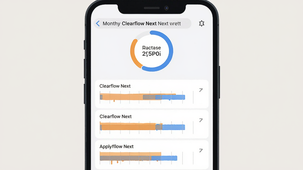 手机界面展示Clearflow Next流量管理页面,列表形式呈现多个应用的流量消耗条形图,顶部有月度流量环形进度条,配色为浅色背景配橙色与蓝色数据条,布局为上下结构,风格为简洁扁平化UI插画,画质清晰干净无杂乱元素