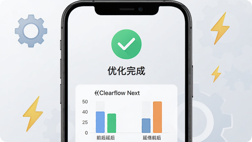 手机屏幕显示Clearflow Next一键优化完成界面,中央为绿色对勾图标与