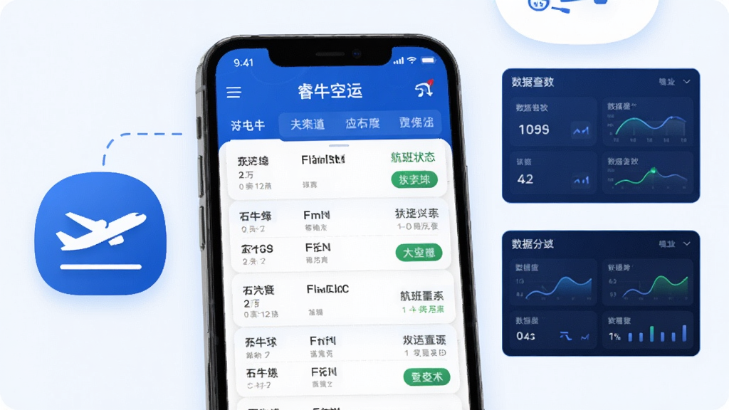 睿牛空运应用内航班动态查询界面展示图,画面主体为手机屏幕特写,屏幕上显示航班列表与状态标签,旁边配有飞机起降图标和数据看板元素,整体风格为科技蓝,布局清晰,细节丰富,画质干净