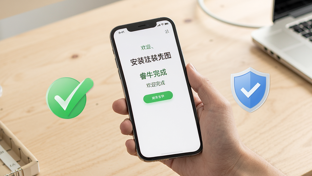 睿牛空运新手使用场景图,画面为一只手握持手机,屏幕显示安装完成后的欢迎页面,旁边有对勾图标和盾牌安全标识,背景为浅色桌面,风格清新简洁,细节清晰,画质干净无多余元素