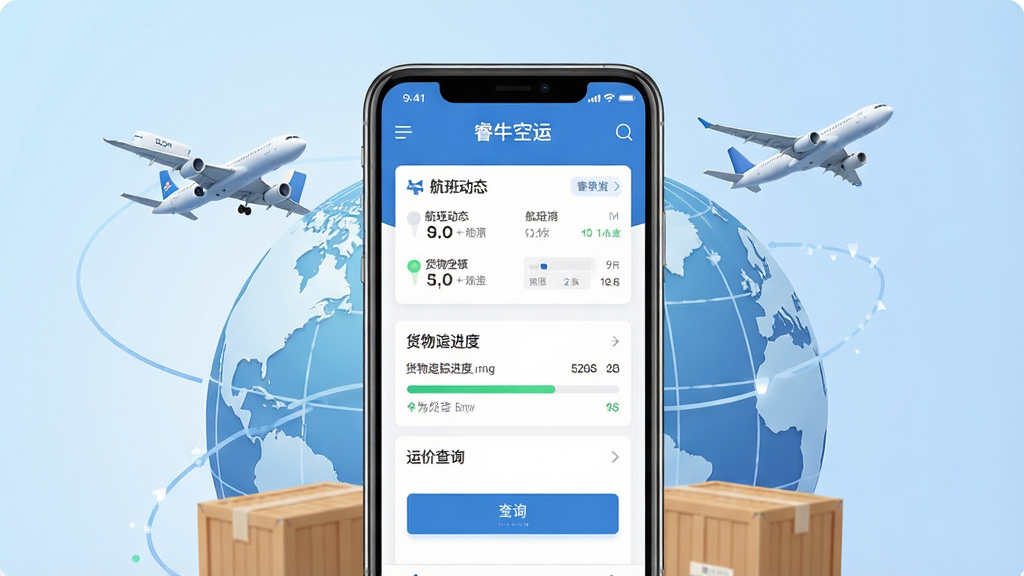 一张展示睿牛空运手机应用界面的场景图,画面中央是一部竖屏智能手机,屏幕显示睿牛空运APP的首页,包含航班动态卡片、货物追踪进度条和运价查询入口,手机周围环绕着飞机、货箱、地球经纬线等物流元素,背景为浅蓝色渐变,风格简洁现代,细节清晰,画质干净,无多余元素