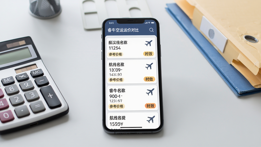 睿牛空运运价对比功能展示图,手机屏幕显示多条航线卡片,每张卡片包含航线名称、参考价格和时效标签,背景为浅灰色工作台场景,配有计算器和文件夹元素,风格商务简约,画质清晰干净