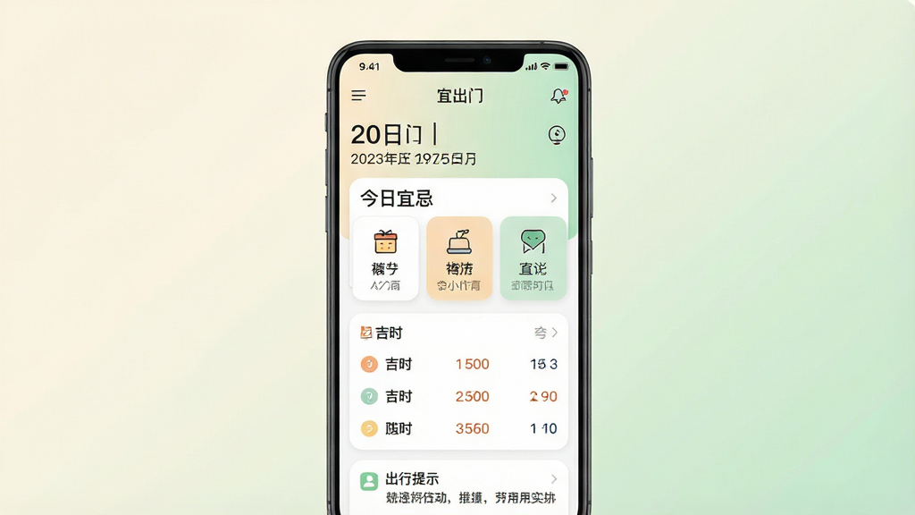 一张手机应用界面展示图,画面中央是一部竖屏安卓手机,屏幕内显示“宜出门”应用首页,顶部为日期与农历信息,中部为今日宜忌卡片,下方为吉时列表与出行提示,背景为柔和的米白色与浅绿色渐变,整体布局简洁清晰,风格为现代扁平化UI设计,细节包含圆角卡片、细线图标、淡雅配色,画质高清,画面干净,无多余元素