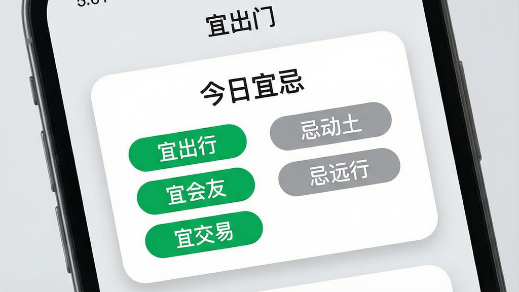 一张手机屏幕特写图,画面主体为“宜出门”应用的宜忌卡片界面,卡片上方写有“今日宜忌”字样,下方分为两列标签,左侧绿色标签写“宜出行”“宜会友”“宜交易”,右侧灰色标签写“忌动土”“忌远行”,背景为浅灰色,布局为居中卡片式排版,风格为清新简约的移动端UI,细节包含圆角边框、柔和阴影、清晰字体,画质高清,画面干净,无多余元素