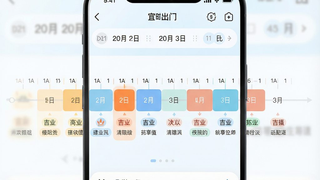 一张手机应用内页展示图,画面显示“宜出门”吉时查询页面,页面顶部为日期选择栏,中部为十二时辰横向排列的时间轴,每个时辰下方标注吉凶状态与简短说明,当前选中时辰以高亮色块突出,背景为白色与淡蓝色搭配,布局为上下结构、时间轴居中,风格为清爽工具类APP界面,细节包含时间刻度、状态标签、柔和配色,画质高清,画面干净,无多余元素