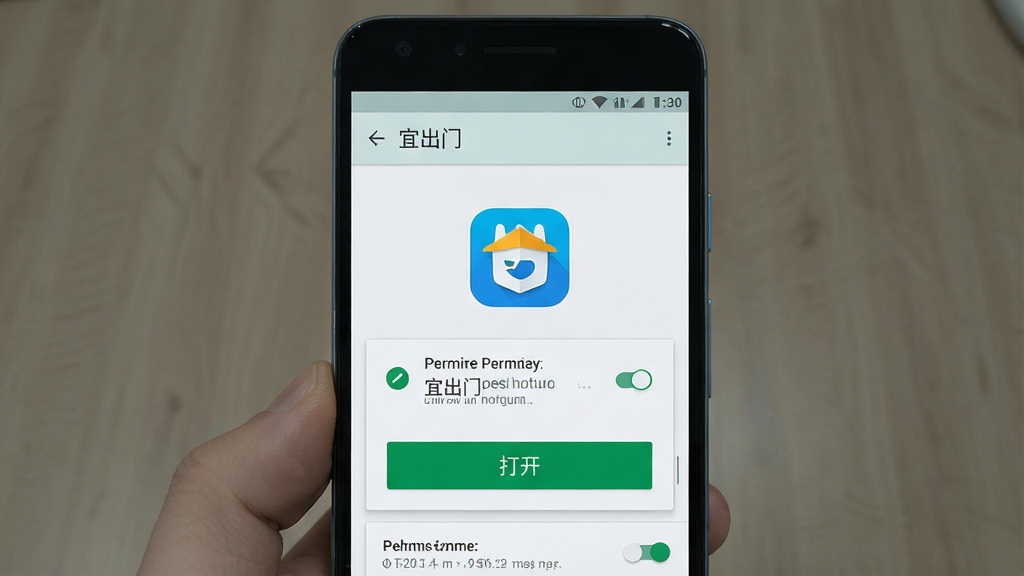 一张手机应用安装界面示意图,画面为安卓手机屏幕显示“宜出门”安装完成页面,屏幕中央为应用图标与“打开”按钮,周围有权限设置提示弹窗,背景为浅色系统界面,布局为手机正面居中展示,风格为真实手机截图风格,细节包含系统UI元素、权限开关、清晰文字,画质高清,画面干净,无多余元素