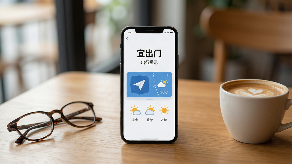 一张手机应用场景展示图,画面中一部手机放置在木质桌面上,屏幕显示“宜出门”出行提示页面,页面包含方向建议与天气小图标,手机旁边放着一副眼镜和一杯咖啡,背景为虚化的室内环境,布局为手机居中、周边物品点缀,风格为生活化产品摄影,细节包含自然光线、浅景深、温暖色调,画质高清,画面干净,无多余元素