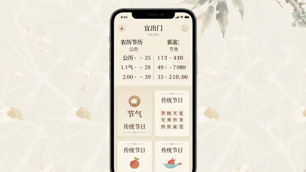 一张手机界面展示图,画面为“宜出门”农历节气页面,屏幕上半部分显示公历与农历对照信息,下半部分为节气卡片与节日提示,卡片上写有“节气”与“传统节日”字样,背景为淡雅的米黄色,布局为上下分区、卡片纵向排列,风格为温和的传统日历类APP设计,细节包含细线分隔、圆形图标、柔和字体,画质高清,画面干净,无多余元素