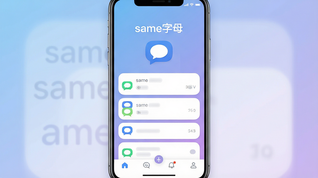 一张手机屏幕展示same字母应用主界面,主体为居中排列的聊天列表与底部导航栏,布局采用上下结构上方为应用名称“same字母”字样下方为对话气泡图标,排版简洁留白充足,风格为扁平化现代UI设计,细节包含柔和的蓝紫渐变背景与圆角卡片,画质清晰干净无多余元素