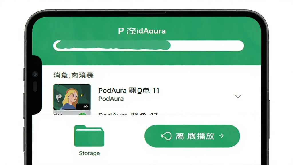 手机屏幕显示下载进度条与已下载节目列表,下方有存储文件夹图标与离线播放按钮,画面中出现