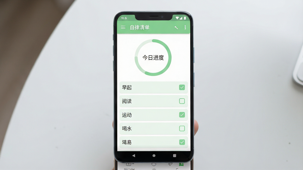 一张展示手机应用界面的图片,画面中央是一部竖屏安卓手机,屏幕上显示名为