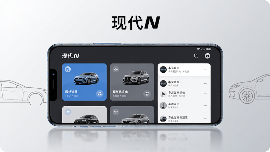 主体为一部横屏智能手机,屏幕上显示现代N应用的主界面,包含车型卡片与车友动态列表;布局居中,手机置于浅灰渐变背景中央,四周点缀少量汽车轮廓线稿;排版简洁,上方留白放置“现代N”字样;风格为现代科技感扁平化设计,蓝灰主色调;细节包括屏幕内清晰的图标与文字区块、手机边缘高光反射;画质高清,干净,无多余元素