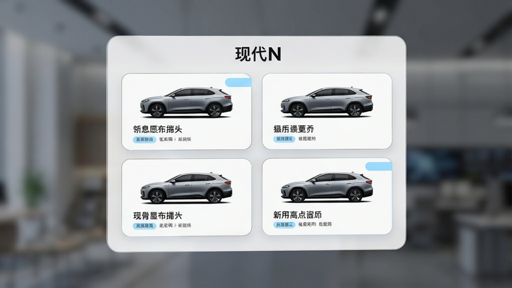 主体为一块悬浮的信息面板,面板上排列多张车型资讯卡片,卡片内含汽车侧影与标题文字;布局为面板居中、卡片呈两列网格排列;排版整齐,顶部有“现代N”标识;风格为清爽浅色系卡片式设计;细节包括卡片圆角、细边框、浅蓝强调色标签;画质清晰,干净,无多余元素