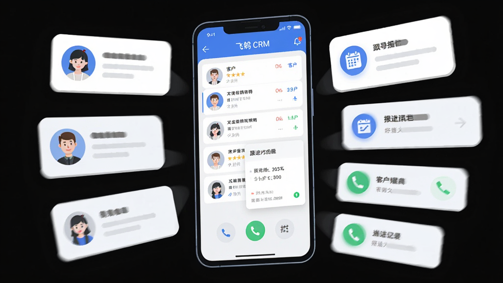 画面主体是一部竖屏安卓手机,屏幕中央展示飞鸽CRM应用主界面,界面内可见客户列表、拨号入口与跟进提醒卡片,手机周围环绕悬浮的客户头像卡片、日历提醒图标与通话记录条目,布局采用居中构图、手机略微倾斜,排版上信息卡片呈放射状分布在手机两侧,风格为清爽的扁平化科技插画,细节包括柔和的蓝白配色、圆角卡片、细腻的阴影层次与简洁的图标线条,画质为高清矢量质感、画面干净、无多余元素