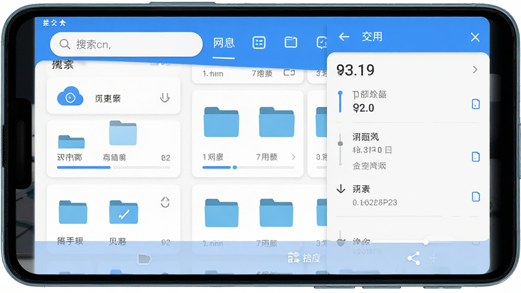 手机网盘大师应用主界面展示,主体为一部安卓手机屏幕,屏幕中呈现网盘文件列表与下载管理面板,布局清晰分为顶部搜索栏、中部文件卡片区与底部功能按钮,排版整齐有序,风格为现代扁平化科技风,细节包含蓝色主色调图标、进度条与文件夹缩略图,画质高清,干净简洁,无多余元素