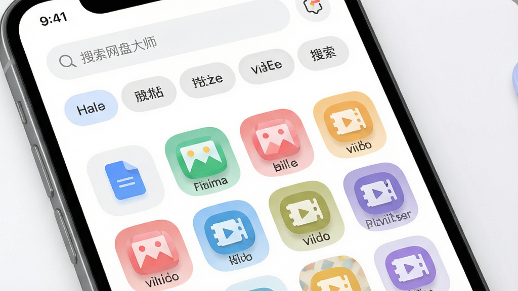 手机网盘大师文件分类检索功能展示,主体为手机界面中呈现分类标签栏与搜索结果列表,布局为顶部搜索框加下方分类图标网格,排版规整,风格为柔和圆角卡片式设计,细节包含文档、图片、视频等彩色分类图标与高亮匹配文字,画质高清,画面干净,无多余元素