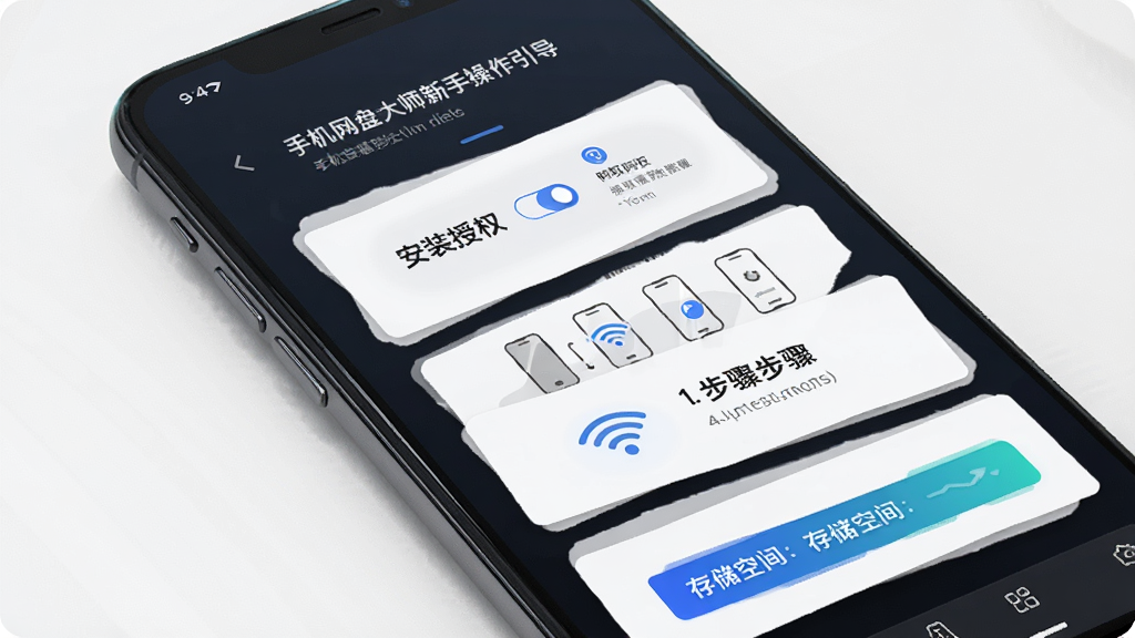 手机网盘大师新手操作引导界面,主体为手机屏幕显示安装授权提示与操作步骤示意图,布局为分步卡片纵向排列,排版清晰,风格为简约商务风,细节包含权限开关图标、WiFi标识与存储空间提示条,画质高清,画面干净,无多余元素
