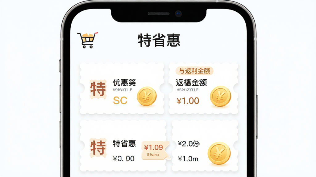 一款名为“特省惠”的手机购物返利应用界面展示,主体为手机屏幕中的优惠券列表与返利金额,布局居中对称,排版上标题“特省惠”置于顶部,整体风格清新明快,细节包含购物车图标、优惠券标签、金币元素,画质高清干净无多余元素