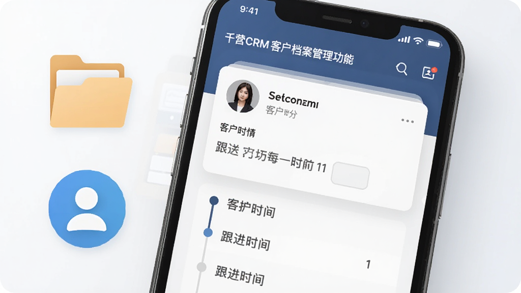 千营CRM客户档案管理功能展示,画面为手机屏幕特写,屏幕中显示客户详情卡片与跟进时间轴,旁边有文件夹与联系人图标点缀,风格简洁商务,画质清晰干净