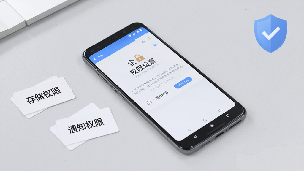 一部安卓手机平放在浅灰色桌面上,屏幕显示企获客的权限设置引导页面,旁边散落几张写有“存储权限”“通知权限”的小卡片;画面右上角有一个盾牌图标象征安全提示;风格简洁明快,光线均匀,画质清晰,干净,无多余元素