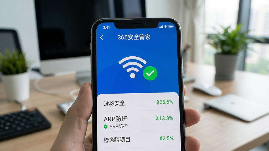�ֻ���Ļ��ʾ��365��ȫ�ܼҡ���������棬WiFi�ź�ͼ���Դ��а�ȫ���Թ���ʶ���·��г�DNS��ȫ��ARP�����ȼ����Ŀ״̬������Ϊ�ִ��칫���滷��������������Ȼ