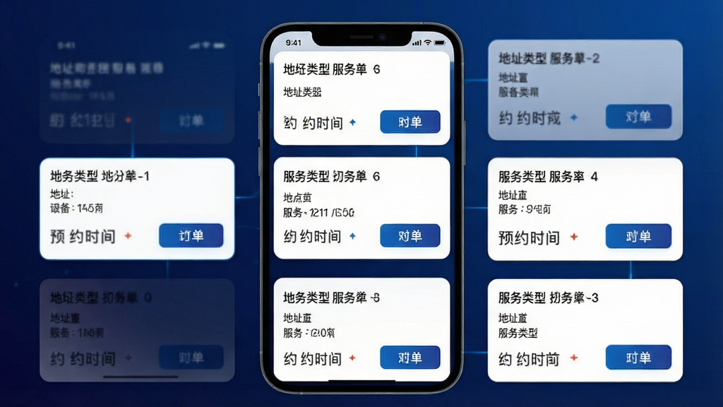 一张手机界面截图风格图片,屏幕中显示订单列表卡片,每张卡片带有地址、服务类型、预约时间与抢单按钮,背景为深蓝色渐变,布局整齐,风格科技简约,细节清晰,画质干净,无多余元素