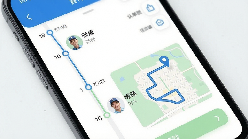 一张手机屏幕展示订单跟踪页面,画面中有时间轴节点、师傅头像、地图路线示意,配色为蓝白与浅绿,布局纵向排列,风格清新简洁,细节清楚,画质干净,无多余元素