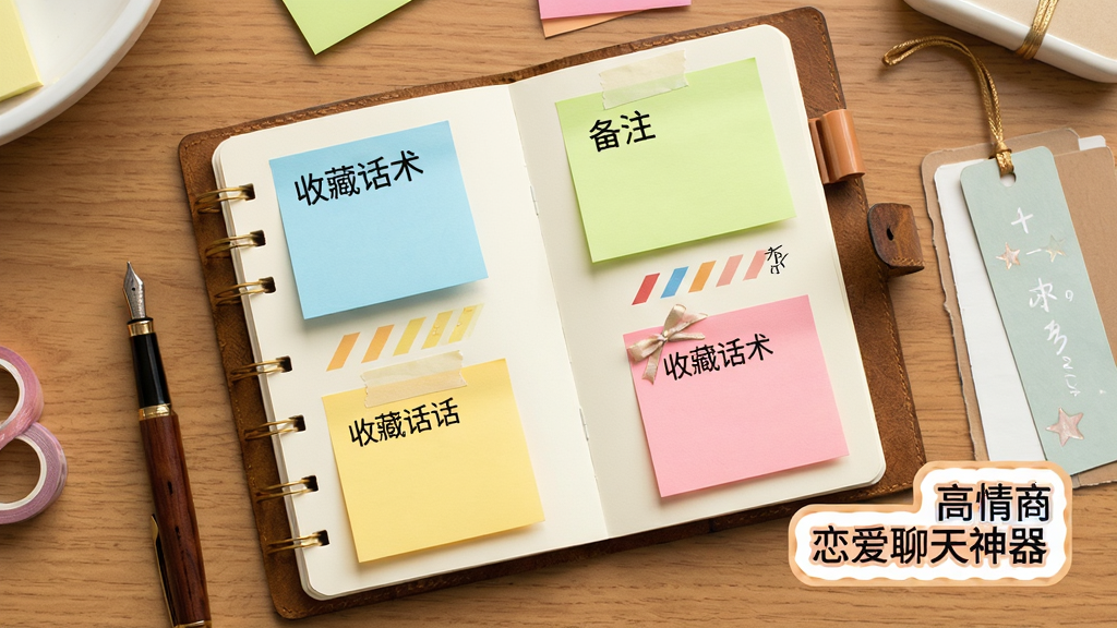 界面展示一个笔记本样式的收藏夹页面,页面上贴有多个彩色便签,便签上写有