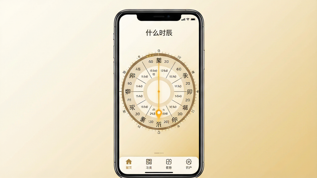 一张手机应用界面展示图,画面中央是一部竖屏智能手机,屏幕上显示“什么时辰”软件的十二时辰圆形表盘界面,表盘上标注子丑寅卯等时辰名称与对应时间段,背景为淡雅的米白色与浅金色渐变,布局简洁居中,风格为国风简约扁平化设计,细节包含时辰刻度环、当前时辰高亮标记、底部功能栏图标,画质清晰细腻,干净无多余元素