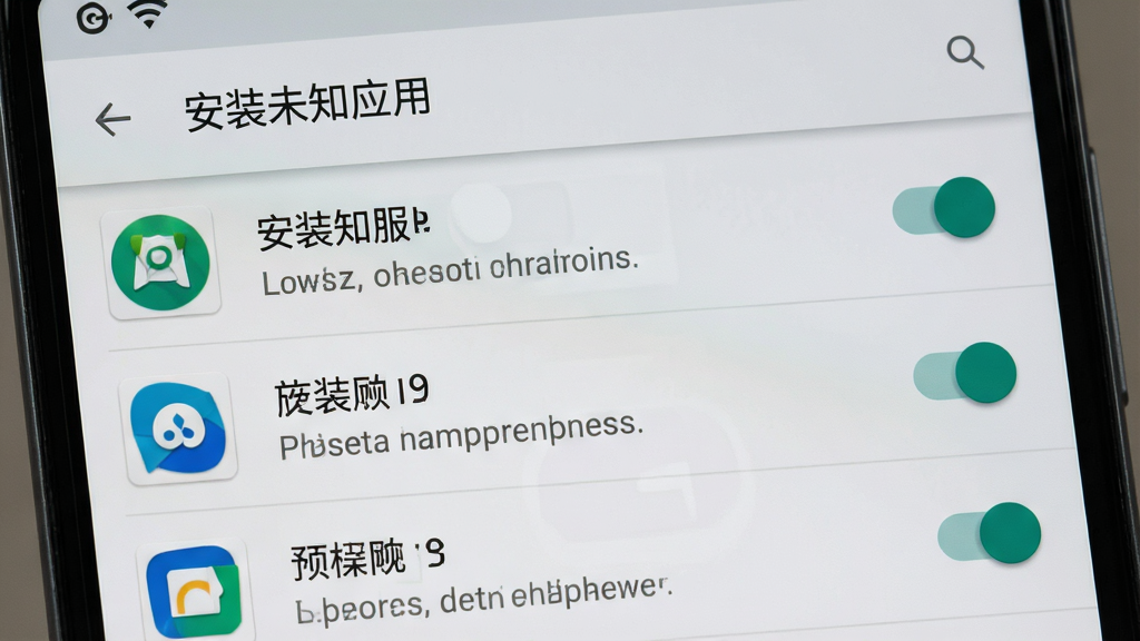 一张手机安全设置界面示意图,画面为手机屏幕特写,屏幕中展示安卓系统的“安装未知应用”权限设置页面,包含应用列表与权限开关按钮,背景为浅灰色调,布局为标准的系统设置列表样式,风格为写实UI截图风,细节包含开关状态、应用图标、文字说明层次,画质清晰,干净无多余元素