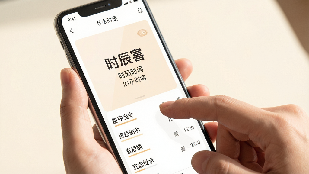 一张手机应用主界面展示图,画面为手持手机的单手操作场景,屏幕显示“什么时辰”软件的首页,中央为大号时辰名称与时间段文字,下方排列脏腑当令与宜忌提示的简洁条目,背景为柔和的暖白色调,布局疏朗留白充足,风格为极简清新设计,细节包含手指轻触屏幕的动作、界面元素清晰可辨,画质明亮干净,无多余元素