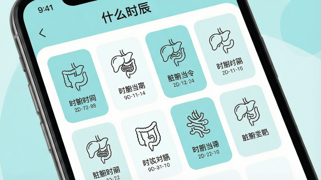 一张信息图表风格界面展示图,画面为手机屏幕特写,屏幕中展示“什么时辰”软件的脏腑当令页面,以十二个横向卡片排列展示时辰与脏腑对应关系,每个卡片配有简洁的脏腑线条图标与时辰名称,背景为浅青色与白色搭配,布局规整清晰,风格为现代扁平化信息图表设计,细节包含卡片圆角、图标线条、文字排版层次,画质高清,干净无多余元素