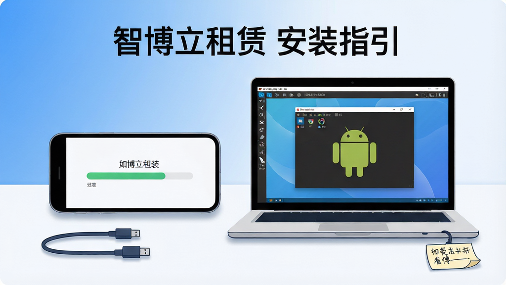 画面主体为一部手机与一台笔记本电脑并排摆放,手机屏幕显示安装进度条,电脑屏幕显示安卓模拟器窗口,桌面上放着数据线和一个小的提示便签;布局为左右对称的产品场景构图,上方放置文字“智博立租赁 安装指引”;风格为简洁科技插画,细节包含蓝白渐变背景、清晰的设备轮廓、柔和的投影;画质干净清晰,无多余元素