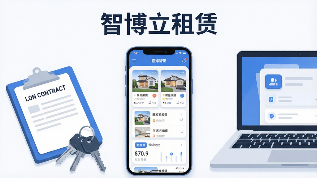 画面主体是一部竖屏安卓手机,屏幕内展示蓝白色调的租赁管理应用界面,包含房源卡片、租客列表和租金统计模块,手机左侧放着一串钥匙和一本租赁合同夹,右侧有一台打开的笔记本电脑作为辅助设备;整体布局为居中产品展示构图,上方留白放置软件名称文字“智博立租赁”;风格为清爽商务扁平化插画,细节包含柔和阴影、圆角卡片、清晰的图标层级;画质清晰干净,无多余元素,适合下载站配图使用