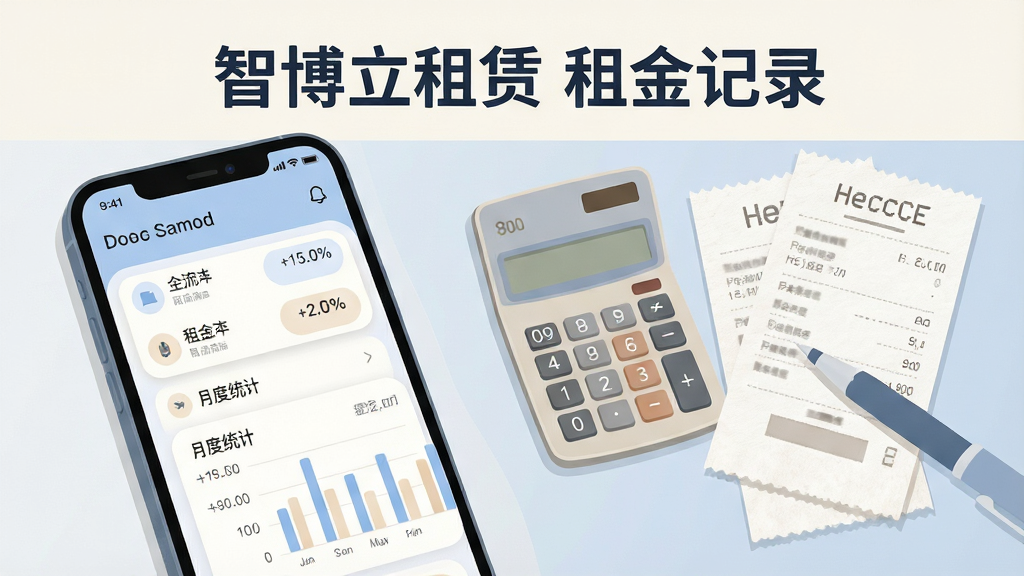 画面主体为手机界面中的租金流水列表与月度统计条形图,旁边放置计算器、收据纸张和一支笔;布局为左侧手机、右侧办公物件的不对称构图,顶部放置文字“智博立租赁 租金记录”;风格为柔和商务插画,细节包含浅蓝与米白配色、圆角数据卡片、细腻的纸张质感;画质清晰干净,无多余元素