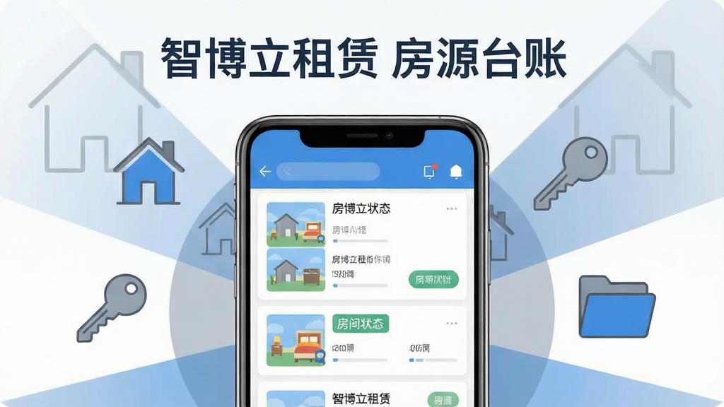画面主体为一部手机屏幕特写,界面中呈现房源列表与房间状态标签,屏幕周围环绕着房屋轮廓图标、钥匙图标和文件夹图标,形成信息归集的视觉隐喻;布局为手机居中、图标环绕的放射式构图,上方放置文字“智博立租赁 房源台账”;风格为现代扁平化信息图,细节包含蓝灰配色、细线图标、清晰的分区排布;画质干净清晰,无多余装饰元素
