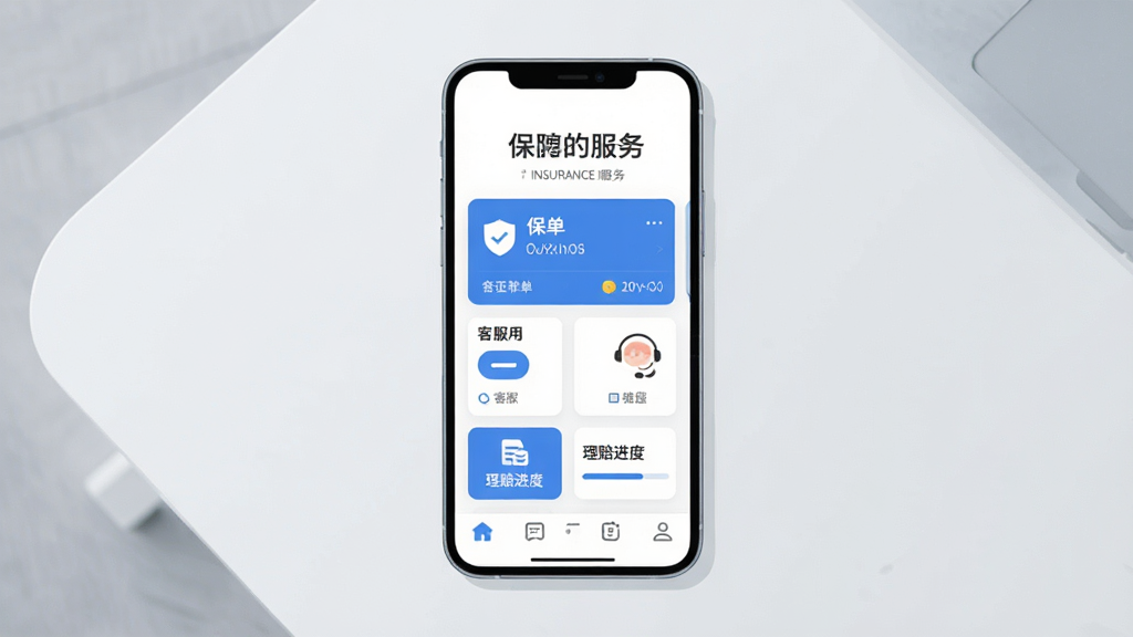 主体为一部竖屏智能手机居中放置于浅灰色桌面,屏幕内展示蓝白色调的保险服务应用界面,包含保单卡片、功能图标与底部导航栏,布局上方留白用于标题区域,风格为简洁商务扁平化插画,细节包含保单列表、客服入口、理赔进度条等元素,画质清晰干净,无多余装饰元素,画面中不出现任何文字