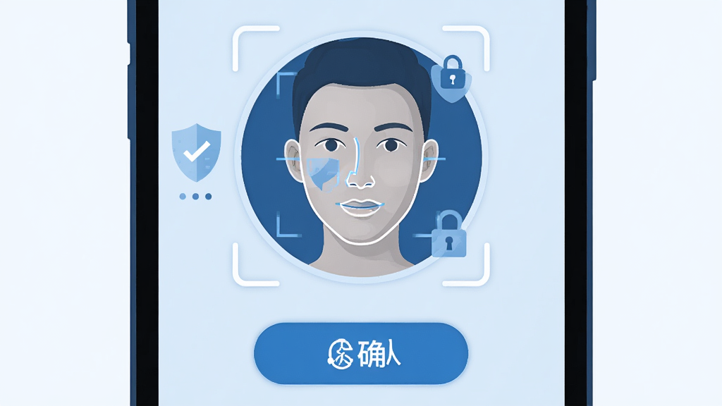 主体为手机屏幕显示人脸识别验证界面,布局为居中圆形取景框配合底部确认按钮,风格为安全科技蓝色调扁平插画,细节包含面部轮廓线、盾牌图标、加密锁符号等元素,画质高清干净,画面中不出现任何文字