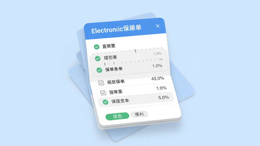 主体为一张展开的电子保单信息卡片悬浮于浅蓝色背景中央,布局采用上下分层结构,上方为标题栏区域,中部为保单条目列表,下方为状态标签,风格为清爽扁平化信息图,细节包含分层卡片、勾选图标、时间轴刻度等元素,画质高清干净,画面中不出现任何文字