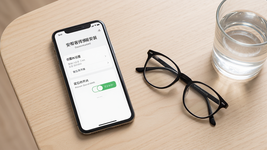 安帮客师傅端安装设置界面展示,手机屏幕显示权限设置与定位开关页面,旁边放置一副眼镜和一杯水,背景为浅木色桌面,风格素雅极简,画面干净整洁,画质高清,无多余元素