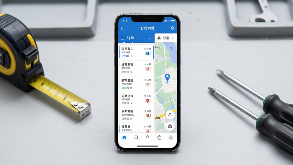 安帮客师傅端应用主界面展示,手机屏幕居中,屏幕内是订单列表与地图导航双栏布局,蓝色与白色为主色调,背景为浅灰工作台桌面,旁边放置卷尺与螺丝刀等安装工具,风格简洁商务,细节清晰,画质干净高清,无多余元素