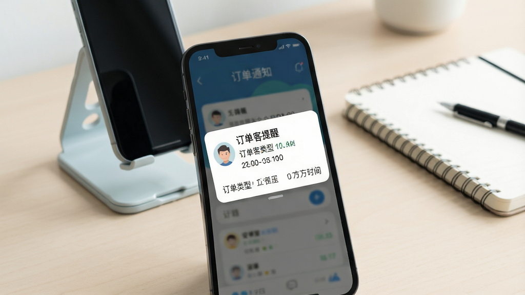 安帮客师傅端消息通知界面展示,手机屏幕弹出订单提醒卡片,卡片上有订单类型与时间信息,背景为简约的浅色桌面,旁边放置手机支架与笔记本,风格清新浅色,细节清晰,画质干净高清,无多余元素