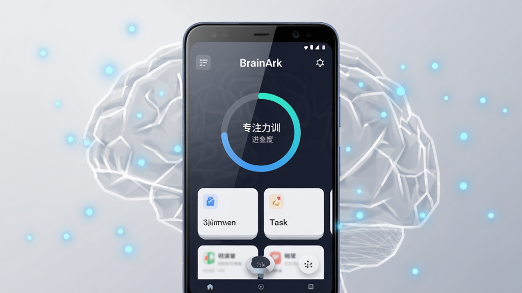 画面中央放置一部安卓手机,手机屏幕显示“BrainArk”应用主界面,界面上有专注力训练进度环与简洁的任务卡片,手机周围环绕半透明的几何脑形轮廓与柔和的蓝色光点,背景为浅灰渐变,布局采用居中对称构图,风格为现代科技极简风,细节包括屏幕高光反射、按钮微立体质感、光点粒子分布均匀,画质为高清1080p,画面干净无多余元素