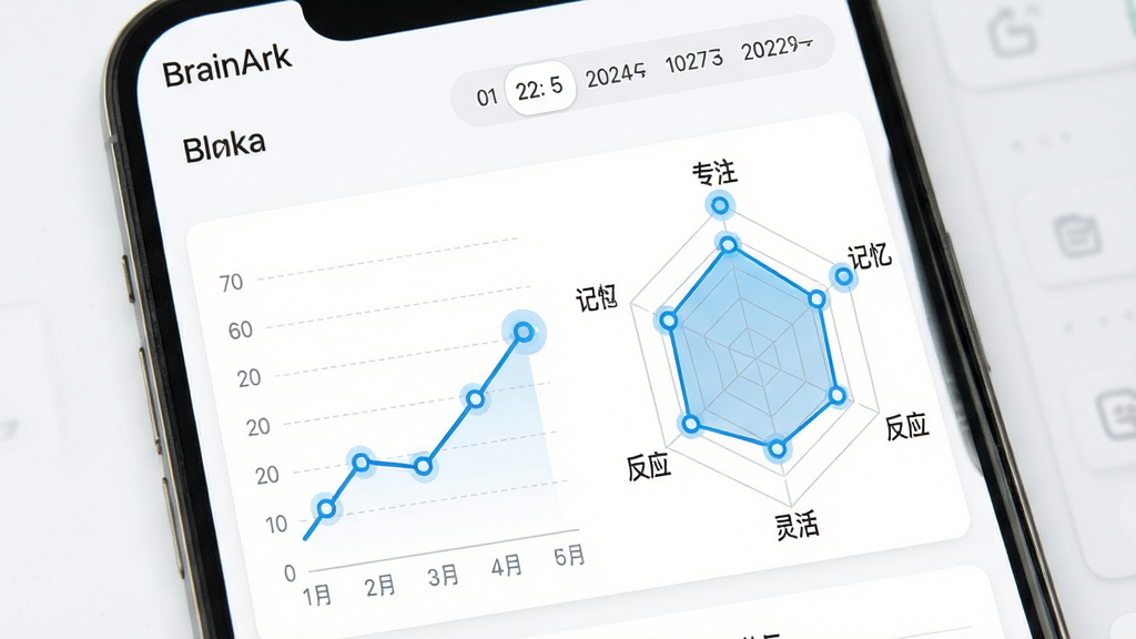 画面为“BrainArk”数据看板页面,手机屏幕显示折线图与雷达图组合,折线呈上升趋势,雷达图四角标注“专注”“记忆”“反应”“灵活”,背景为白色卡片式布局,风格为清新数据可视化风,细节包括图表网格线浅灰细线、数据点圆形高亮、顶部日期切换栏,画质高清,画面干净整洁