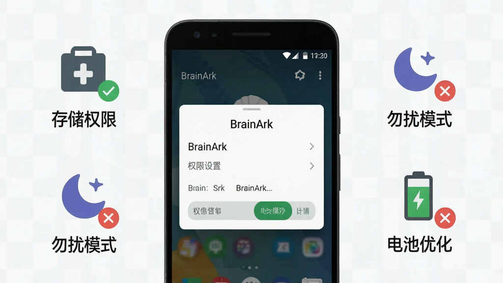 画面展示一部安卓手机屏幕弹出“BrainArk”权限设置界面,旁边用简洁图标标注“存储权限”“勿扰模式”“电池优化”三个关键项,布局为手机居中、图标环绕,风格为扁平化信息图风,细节包括绿色对勾与红色叉号对比、文字标签清晰可读,画质高清,画面干净无多余装饰